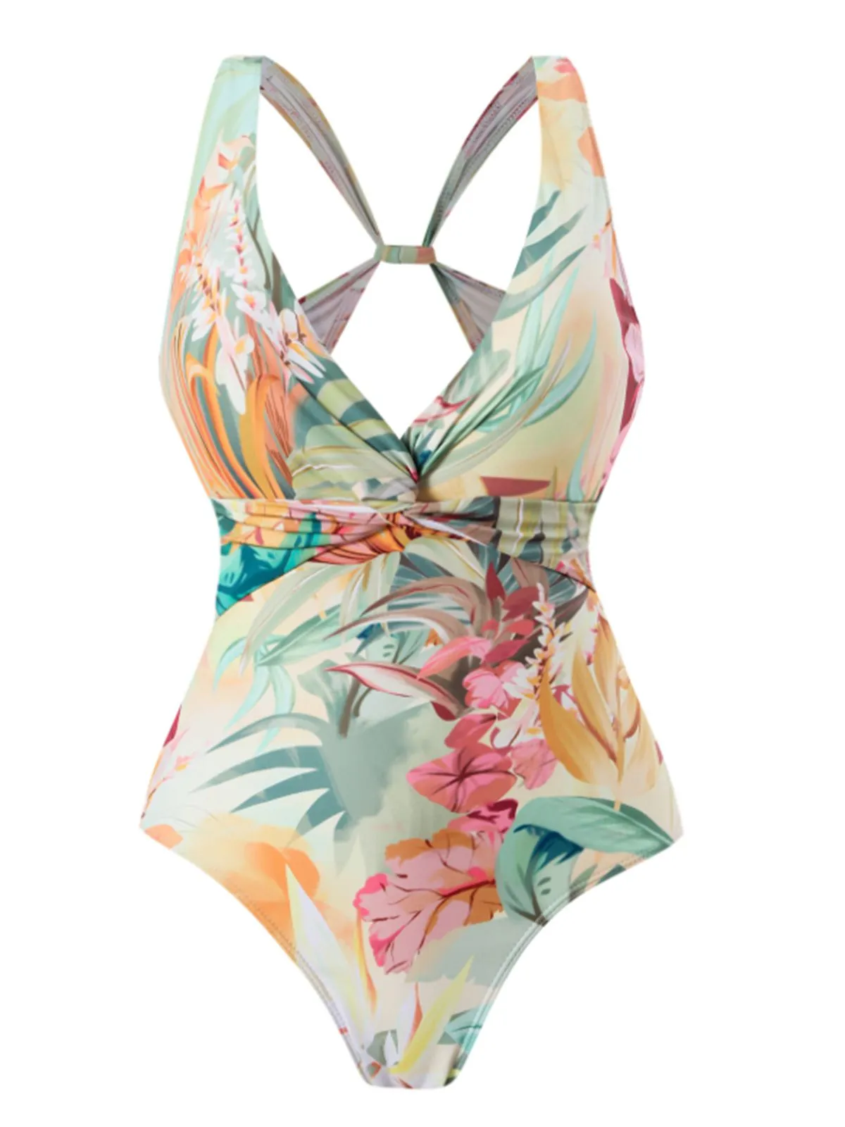 1940s Floral V-Neck Tie-Waist Swimsuit
