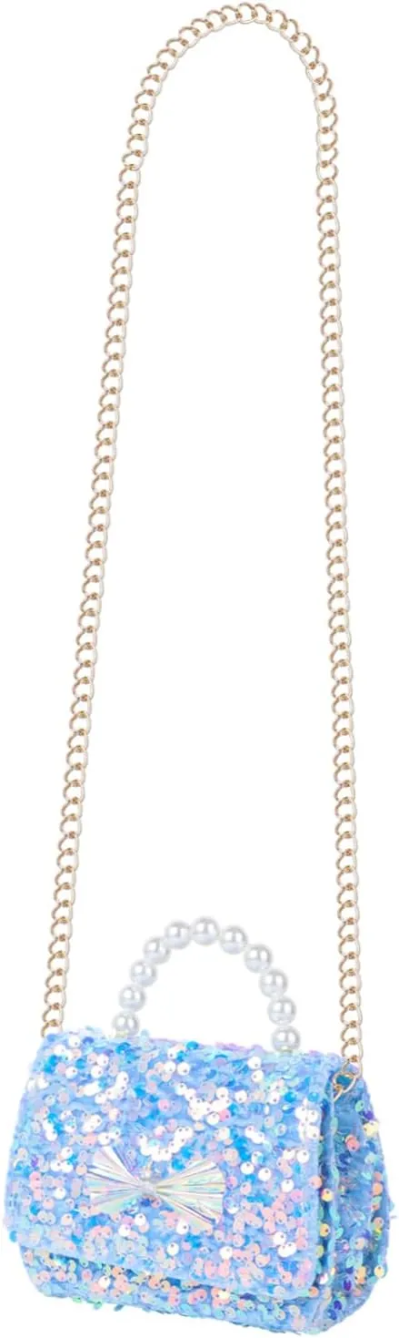 1Pc Elegant Sequined Crossbody Bag with Pearl Design Chic Bowknot Chain Purse for Women Versatile Evening Clutch and Crossbody Bag present for Ladies and Lake Blue