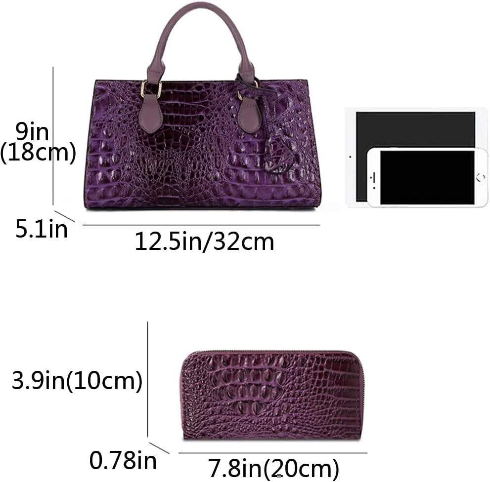 2pcs Top-handle Handbags Satchel for Women Tote Purse Vintage Crocodile Pattern Shoulder Bag Clutch Wallet