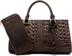 2pcs Top-handle Handbags Satchel for Women Tote Purse Vintage Crocodile Pattern Shoulder Bag Clutch Wallet