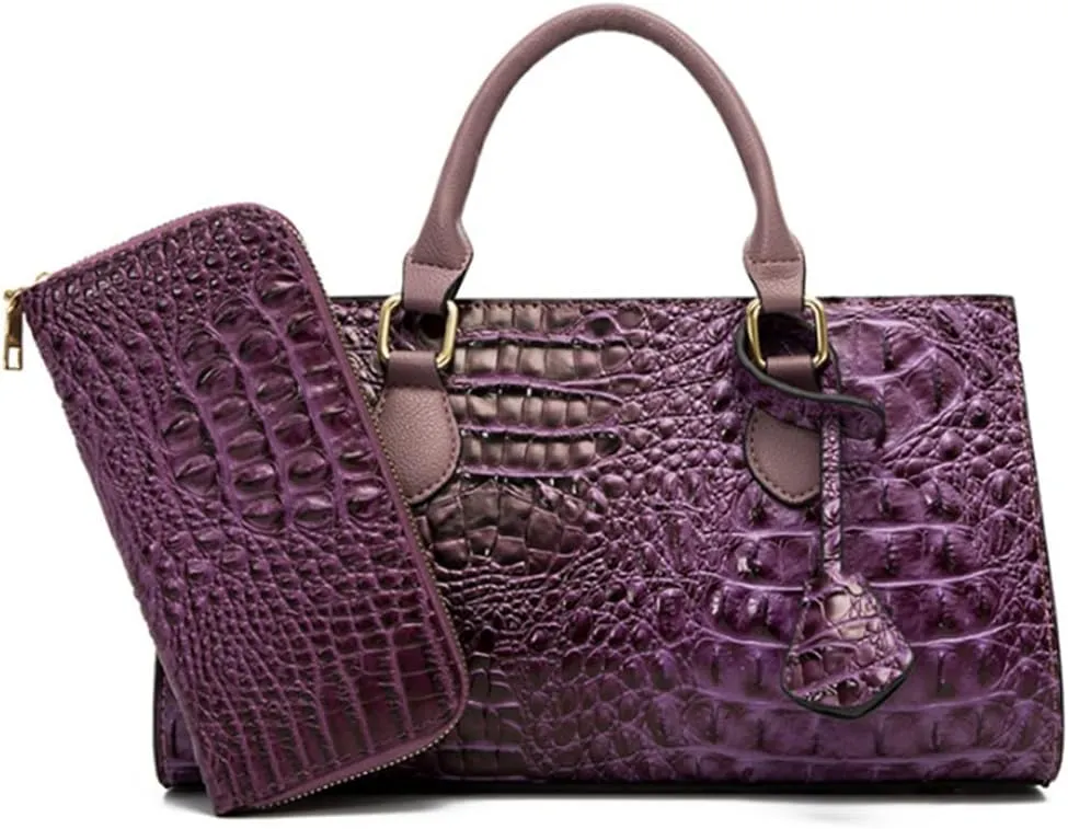 2pcs Top-handle Handbags Satchel for Women Tote Purse Vintage Crocodile Pattern Shoulder Bag Clutch Wallet