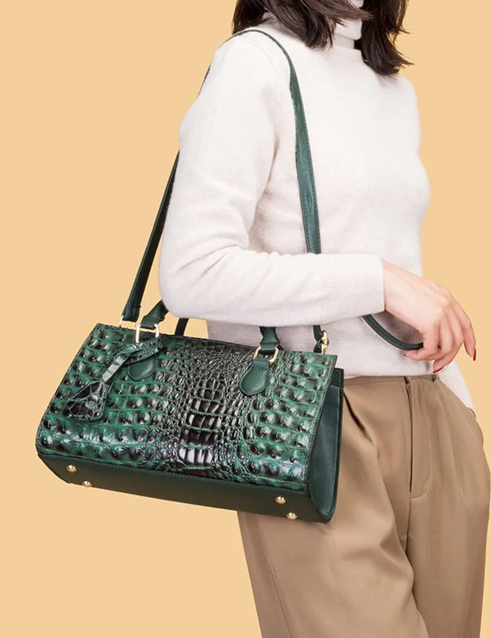 2pcs Top-handle Handbags Satchel for Women Tote Purse Vintage Crocodile Pattern Shoulder Bag Clutch Wallet