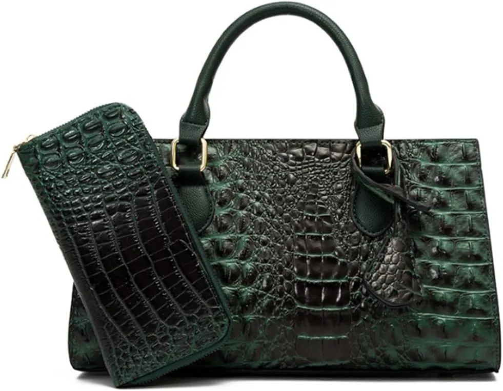 2pcs Top-handle Handbags Satchel for Women Tote Purse Vintage Crocodile Pattern Shoulder Bag Clutch Wallet