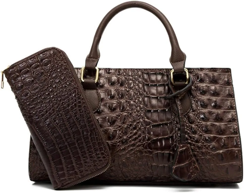 2pcs Top-handle Handbags Satchel for Women Tote Purse Vintage Crocodile Pattern Shoulder Bag Clutch Wallet