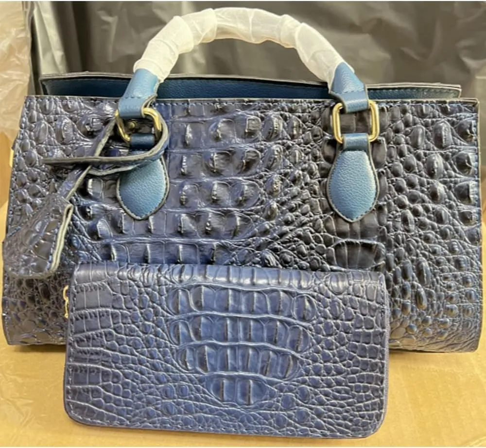 2pcs Top-handle Handbags Satchel for Women Tote Purse Vintage Crocodile Pattern Shoulder Bag Clutch Wallet