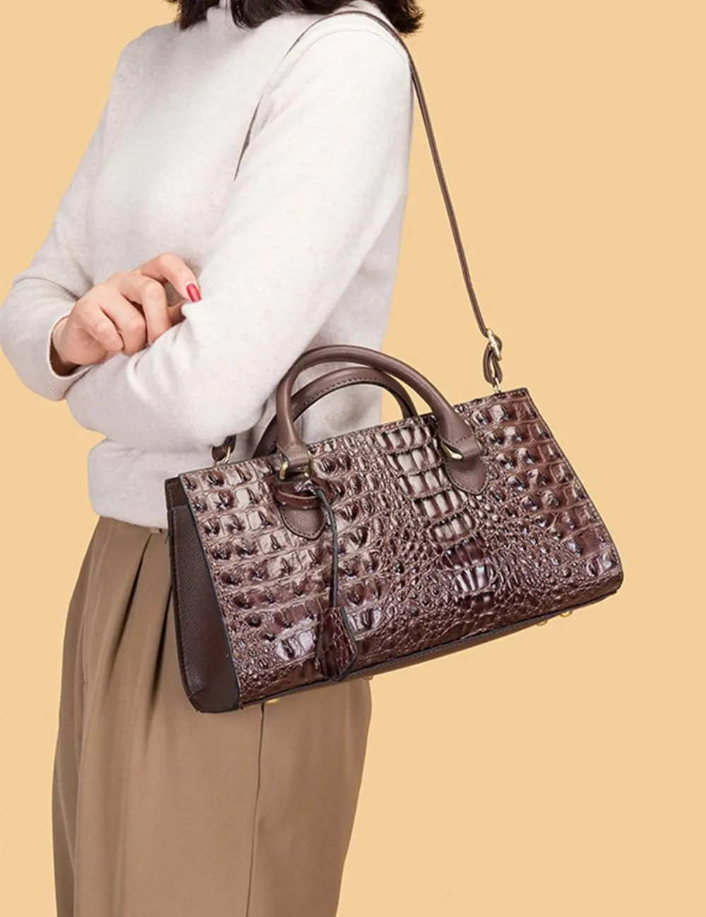 2pcs Top-handle Handbags Satchel for Women Tote Purse Vintage Crocodile Pattern Shoulder Bag Clutch Wallet