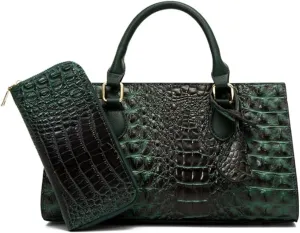 2pcs Top-handle Handbags Satchel for Women Tote Purse Vintage Crocodile Pattern Shoulder Bag Clutch Wallet