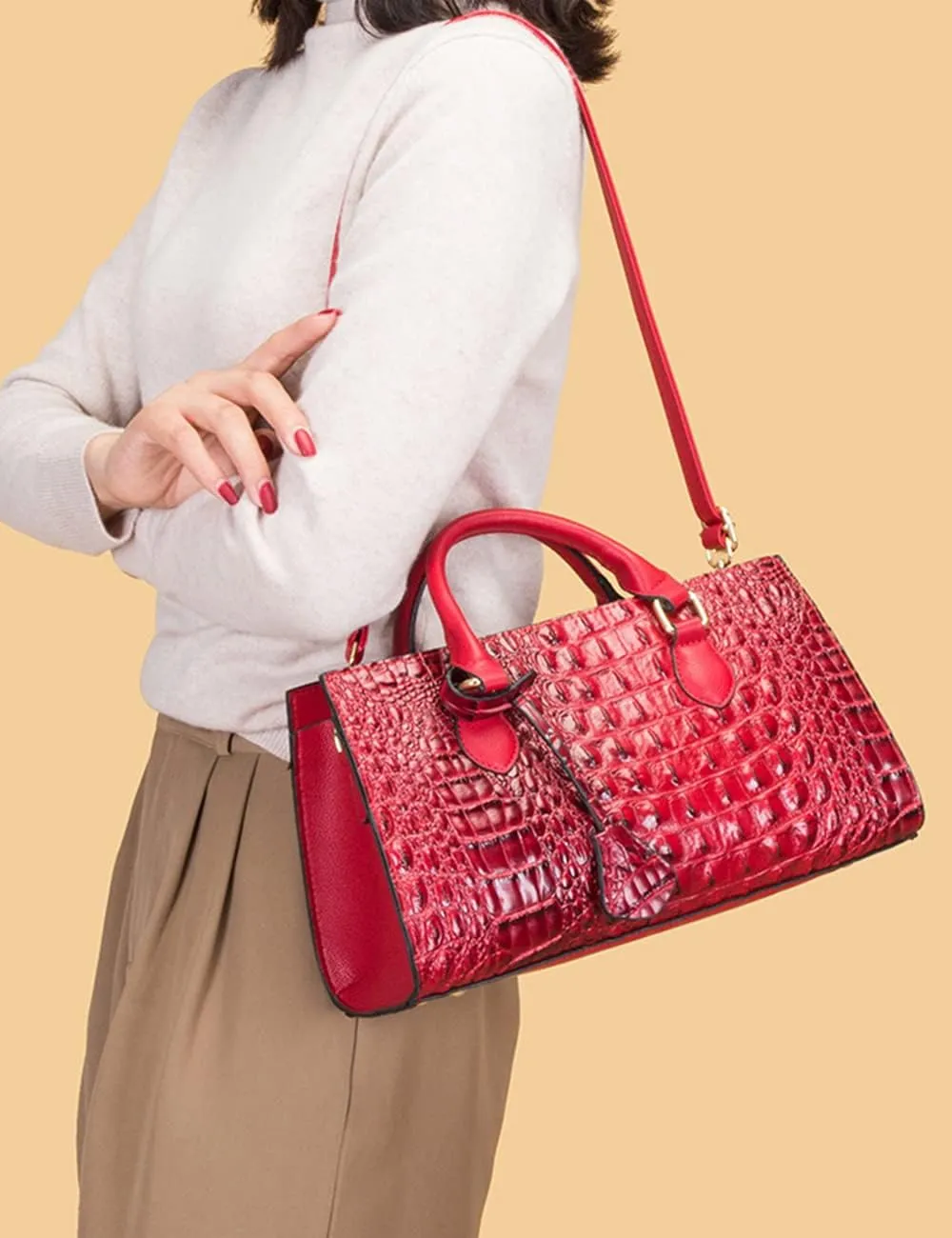 2pcs Top-handle Handbags Satchel for Women Tote Purse Vintage Crocodile Pattern Shoulder Bag Clutch Wallet