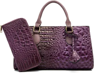 2pcs Top-handle Handbags Satchel for Women Tote Purse Vintage Crocodile Pattern Shoulder Bag Clutch Wallet