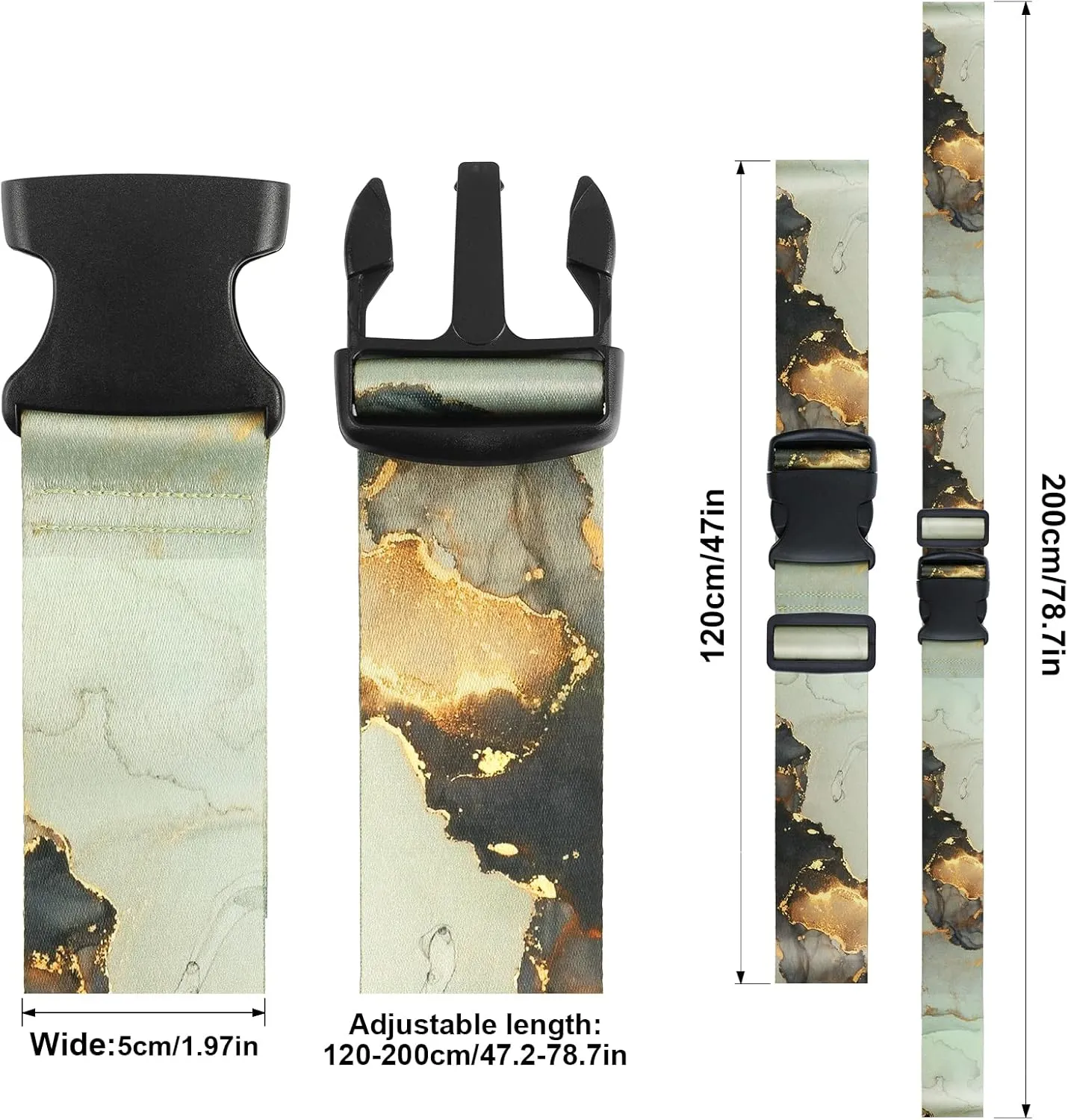 2X Luggage Straps with 1x Leather Tag, Adjustable TSA Approved Luggage Strap Belt for Suitcases/Travel Bags/Uprights/Duffels (Black Marble)