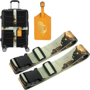 2X Luggage Straps with 1x Leather Tag, Adjustable TSA Approved Luggage Strap Belt for Suitcases/Travel Bags/Uprights/Duffels (Black Marble)
