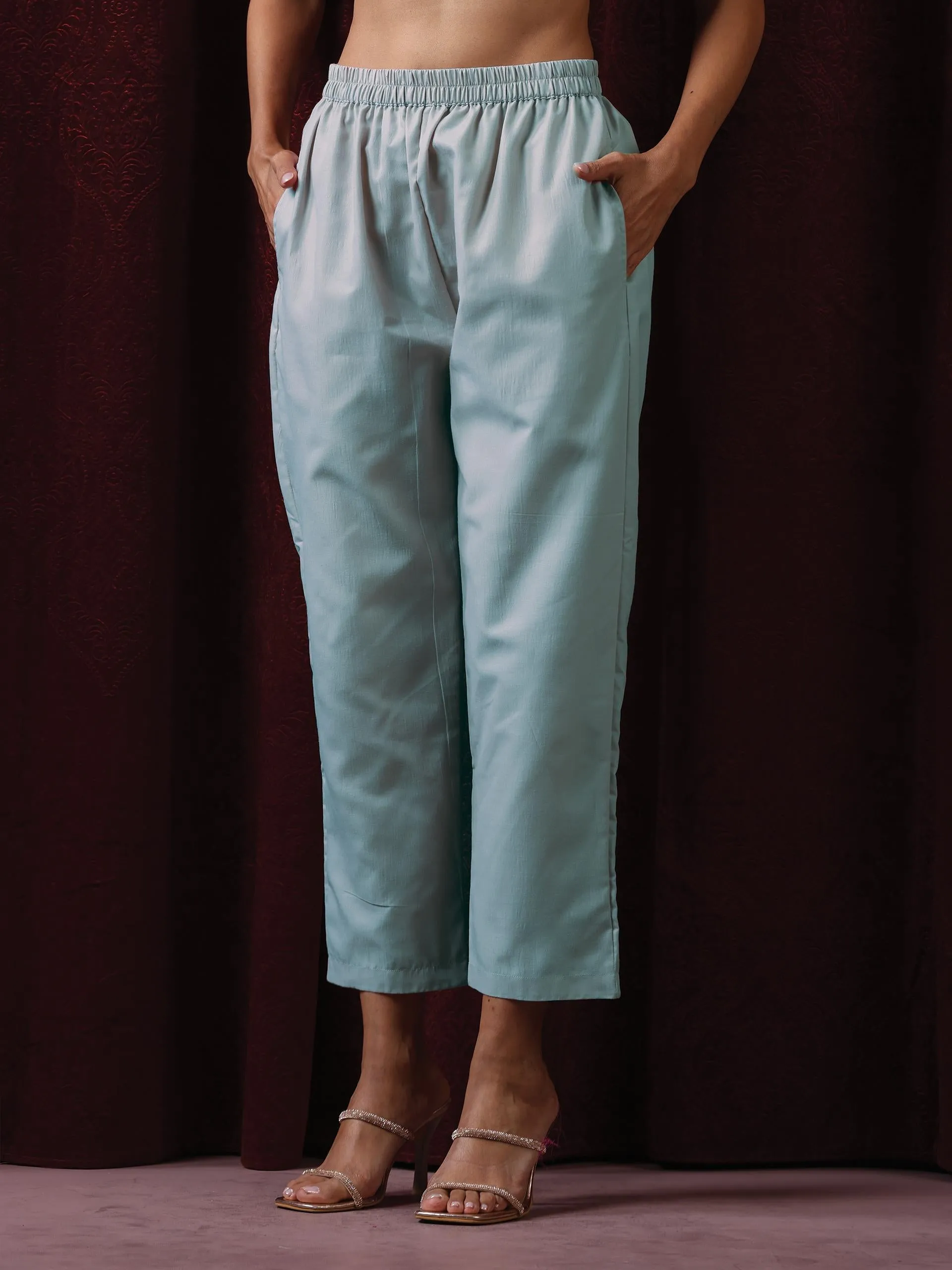 3 Pc Suit - Blue Cotton Silk Embroidered Kurta with Cotton Pant and Chanderi Embroidered Dupatta