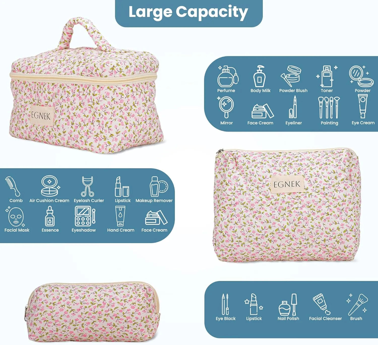 3 Piece Quilted Makeup Bag with Cute Ditsy Floral for Travel, Toiletry Pouch, and Cute Cosmetic Bags, Compact Design and Stylish
