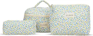 3 Piece Quilted Makeup Bag with Cute Ditsy Floral for Travel, Toiletry Pouch, and Cute Cosmetic Bags, Compact Design and Stylish