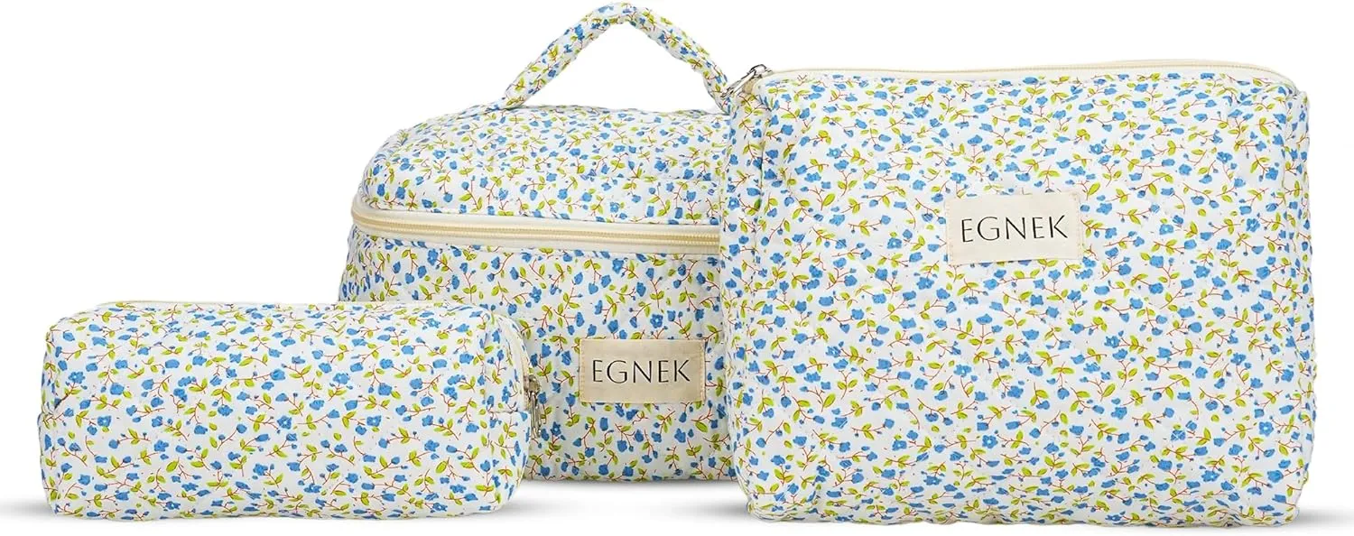 3 Piece Quilted Makeup Bag with Cute Ditsy Floral for Travel, Toiletry Pouch, and Cute Cosmetic Bags, Compact Design and Stylish
