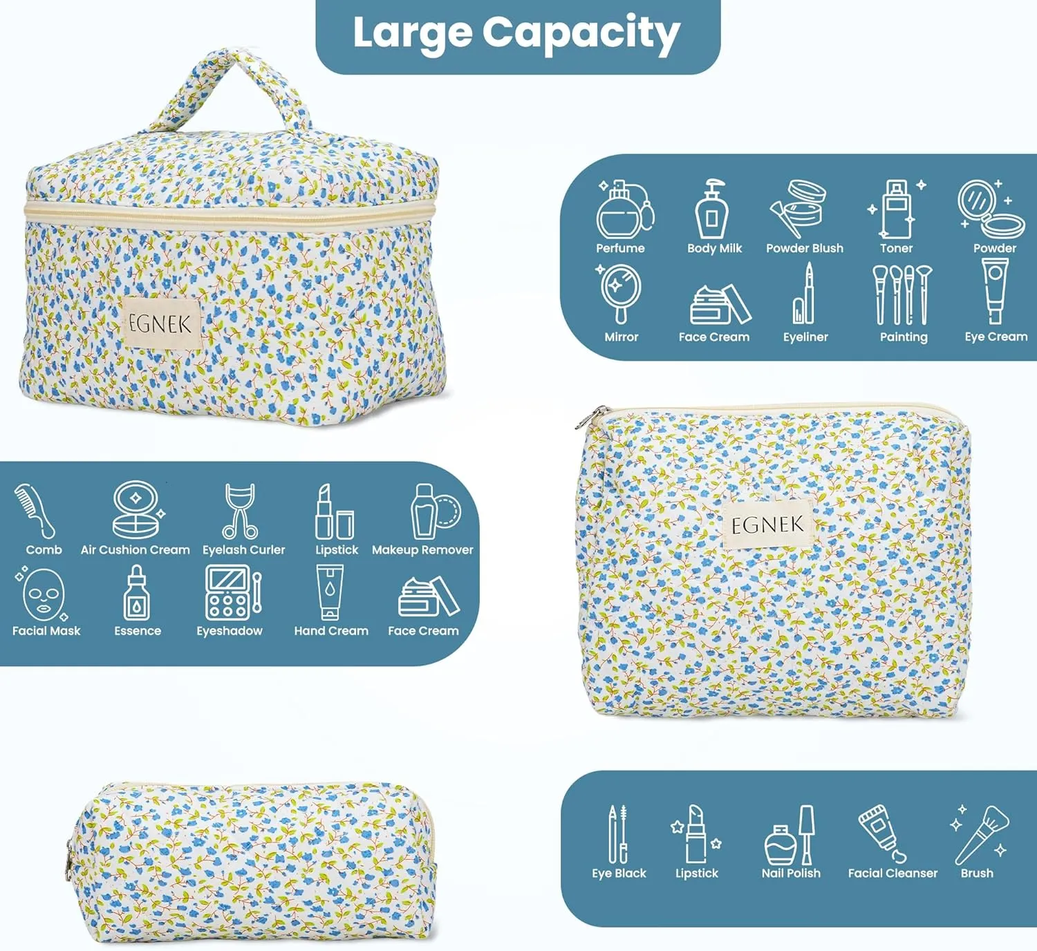 3 Piece Quilted Makeup Bag with Cute Ditsy Floral for Travel, Toiletry Pouch, and Cute Cosmetic Bags, Compact Design and Stylish