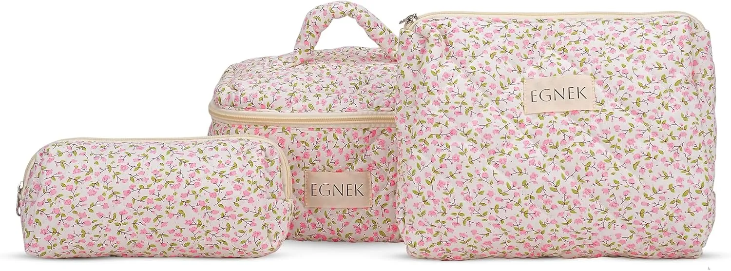 3 Piece Quilted Makeup Bag with Cute Ditsy Floral for Travel, Toiletry Pouch, and Cute Cosmetic Bags, Compact Design and Stylish