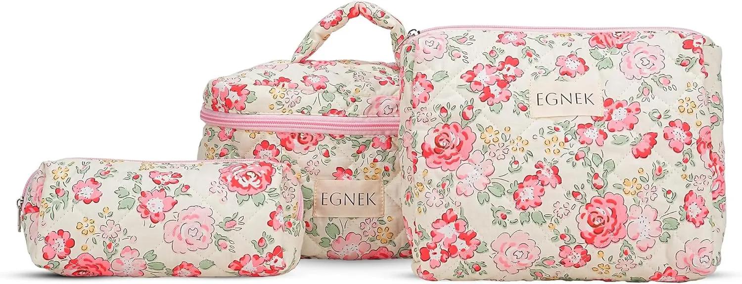 3 Piece Quilted Makeup Bag with Cute Vintage Floral for Travel, Toiletry Pouch, and Cute Cosmetic Bags, Compact Design and Stylish