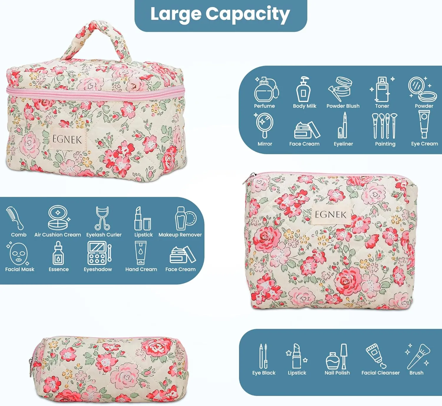 3 Piece Quilted Makeup Bag with Cute Vintage Floral for Travel, Toiletry Pouch, and Cute Cosmetic Bags, Compact Design and Stylish