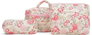 3 Piece Quilted Makeup Bag with Cute Vintage Floral for Travel, Toiletry Pouch, and Cute Cosmetic Bags, Compact Design and Stylish