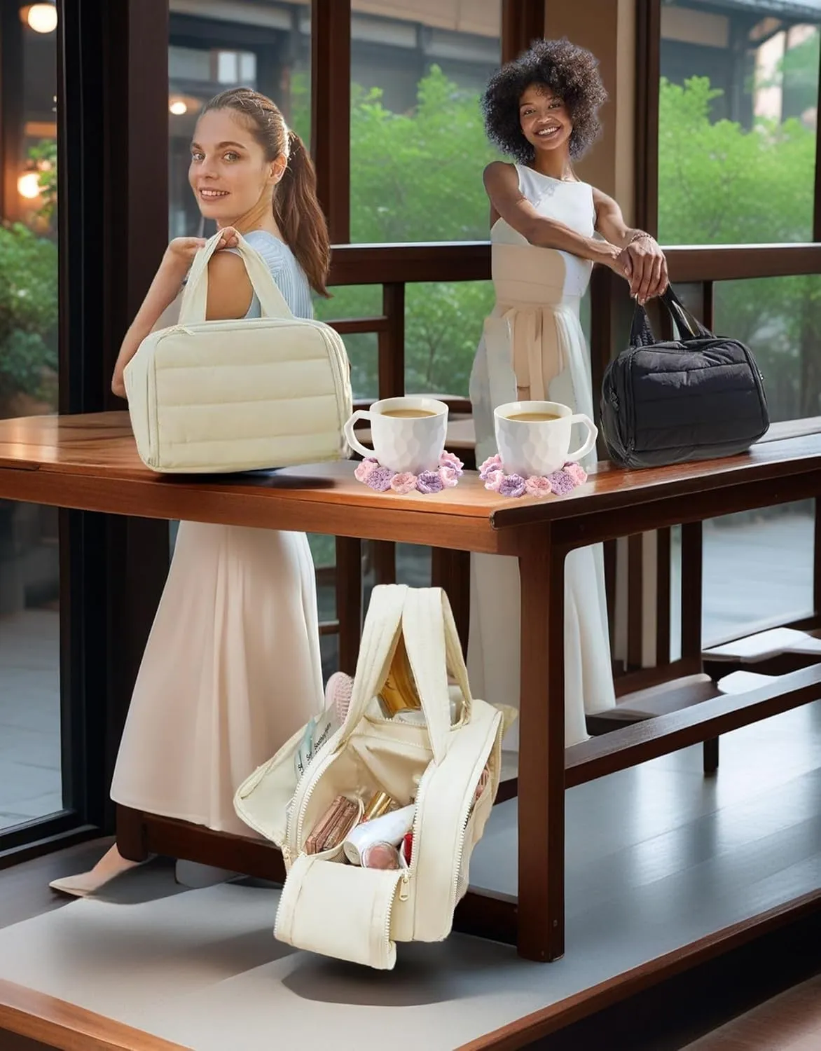 4-in-1 Puffy Multi-Functional Toiletry Bag, Large Capacity Travel Cosmetic Bag, Portable Cosmetic Bag Makeup Organizer, Makeup Accessories (Khaki)