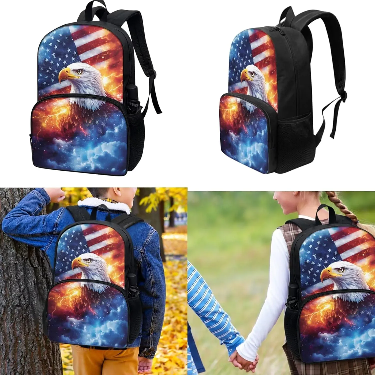 American Flag Eagle Backpack for School Boys Kids School Bags Set with Lunchbag Pencil Case Book Bags for Preschool/Elementary