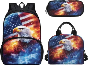 American Flag Eagle Backpack for School Boys Kids School Bags Set with Lunchbag Pencil Case Book Bags for Preschool/Elementary