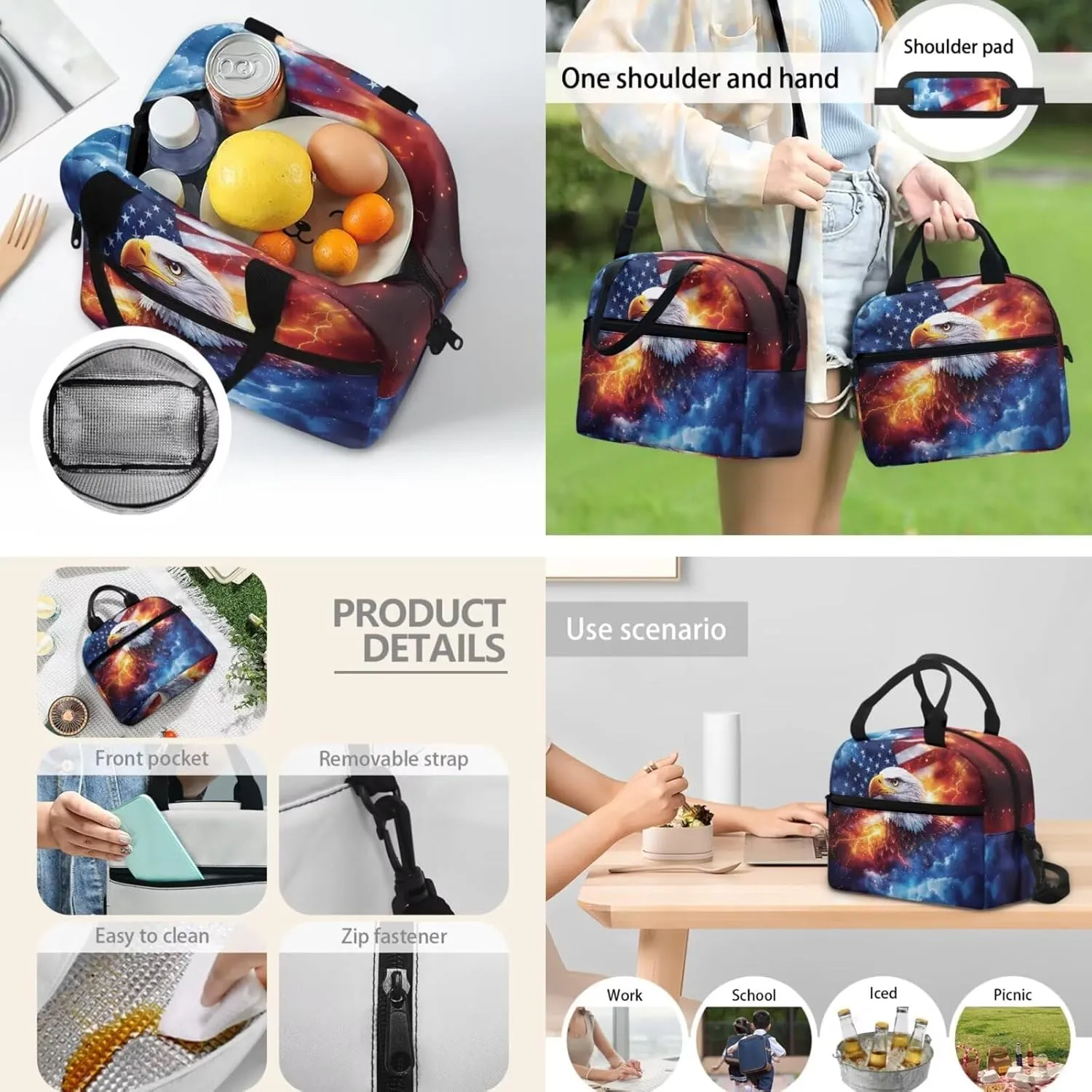 American Flag Eagle Backpack for School Boys Kids School Bags Set with Lunchbag Pencil Case Book Bags for Preschool/Elementary