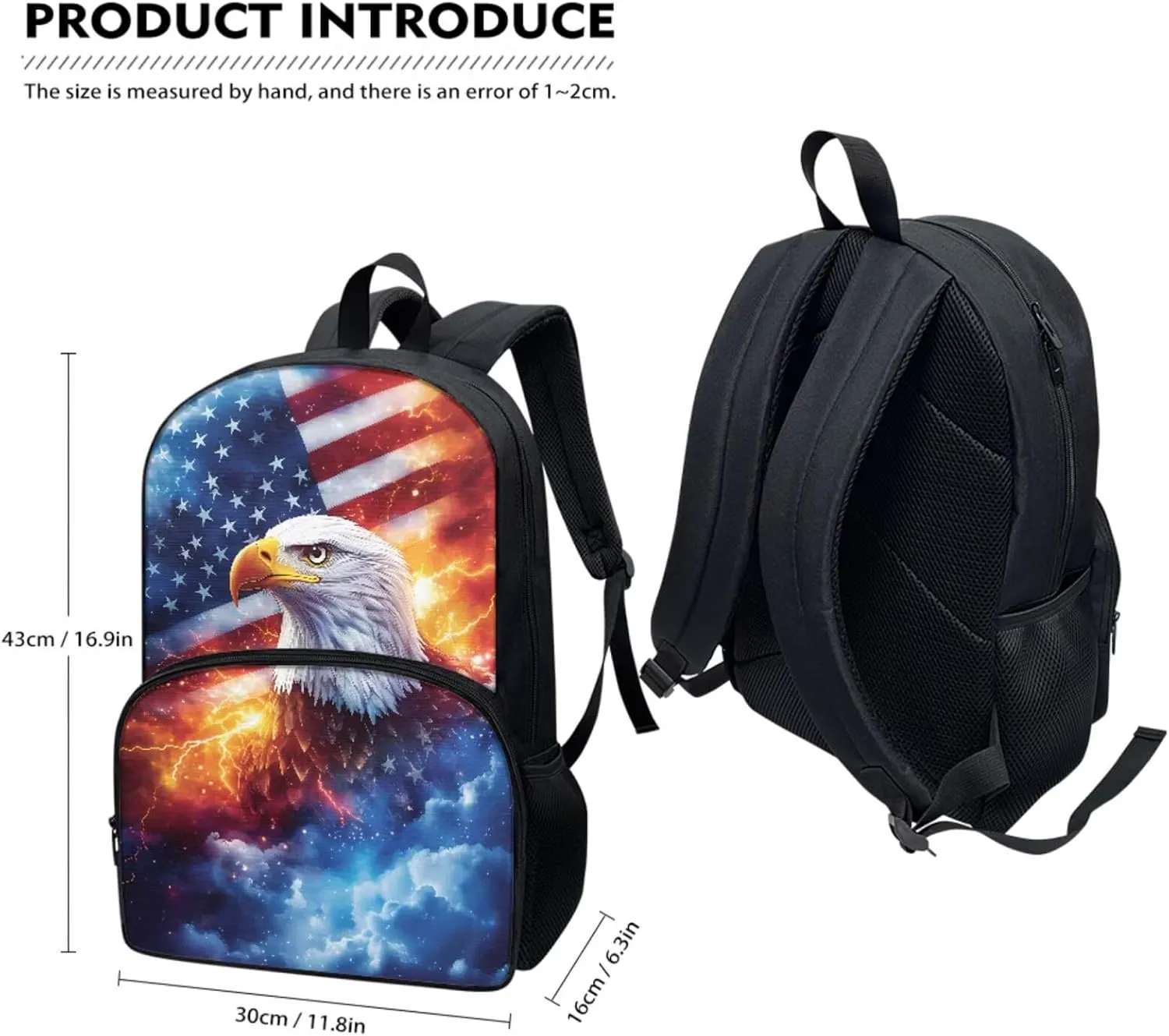 American Flag Eagle Backpack for School Boys Kids School Bags Set with Lunchbag Pencil Case Book Bags for Preschool/Elementary