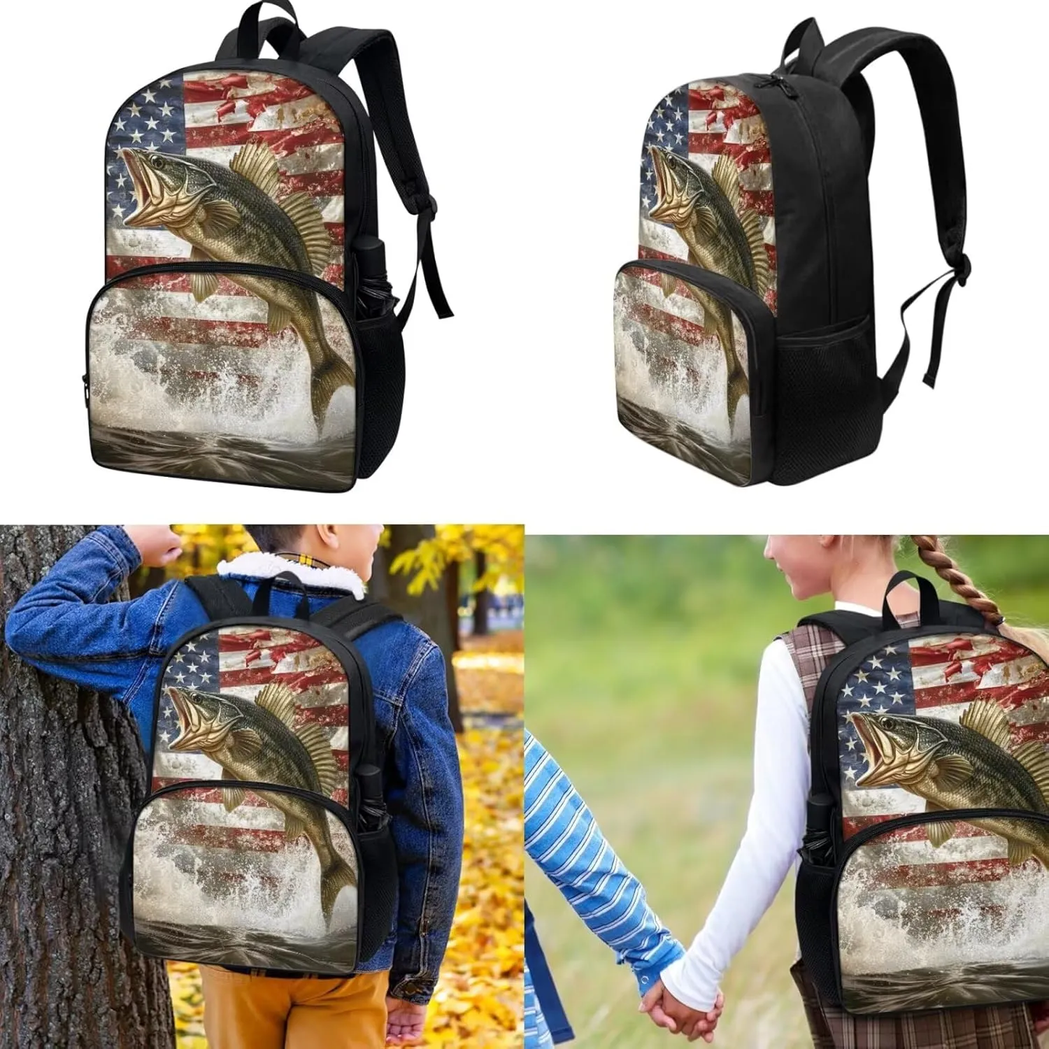 American Flag Perch School Backpack Set for Kids Backpack with lunch Bag and Pencil Case 3 in 1, for Primary Elementary Boys School Bookbag Lightweight Laptop Backpack