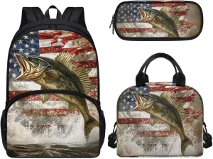 American Flag Perch School Backpack Set for Kids Backpack with lunch Bag and Pencil Case 3 in 1, for Primary Elementary Boys School Bookbag Lightweight Laptop Backpack