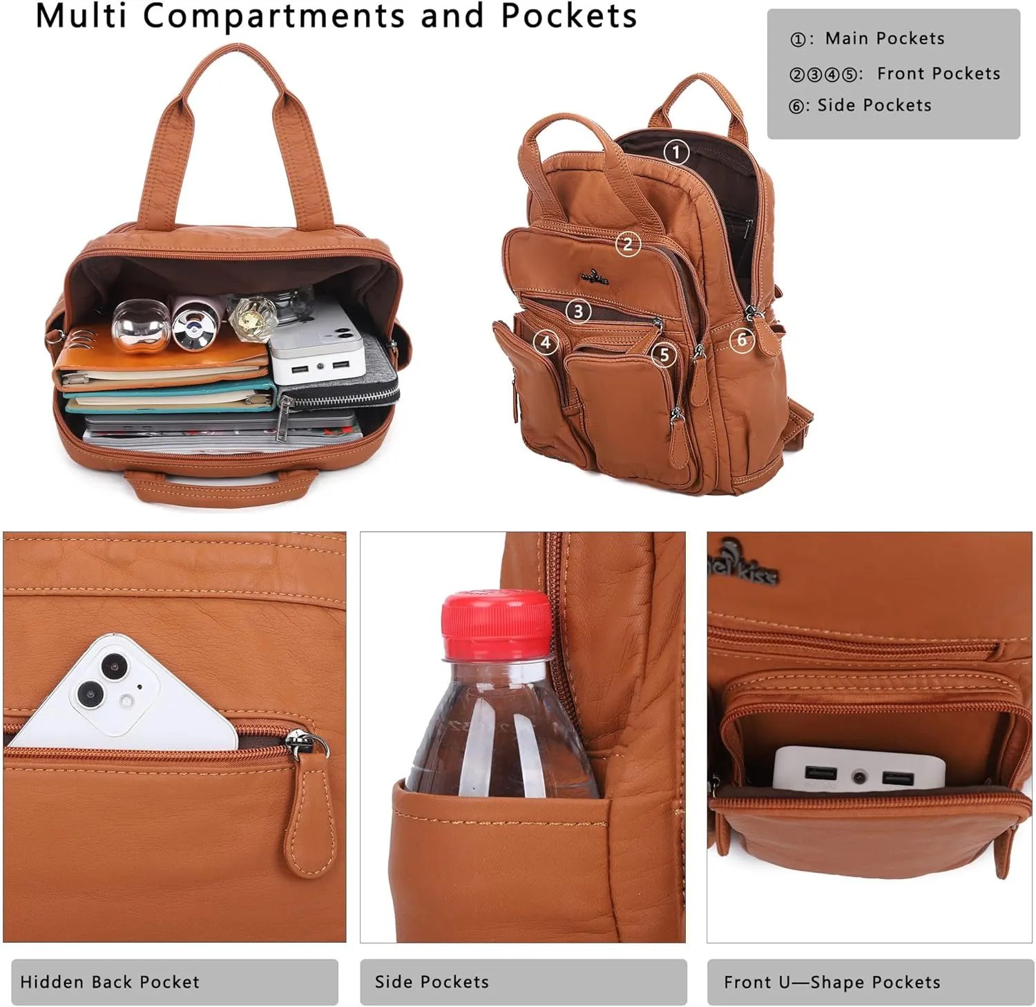 Angel Kiss Backpack Purse for Women Soft Washed Leather Multi Pocket Casual Travel Backpacks