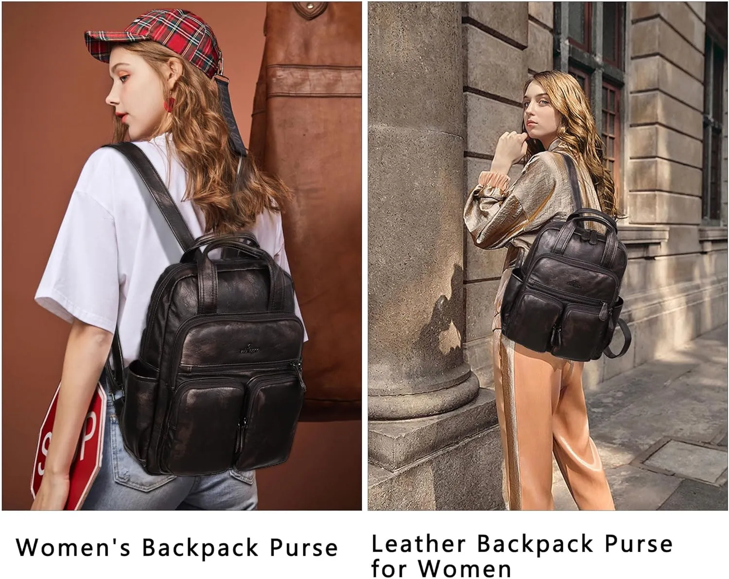 Angel Kiss Backpack Purse for Women Soft Washed Leather Multi Pocket Casual Travel Backpacks