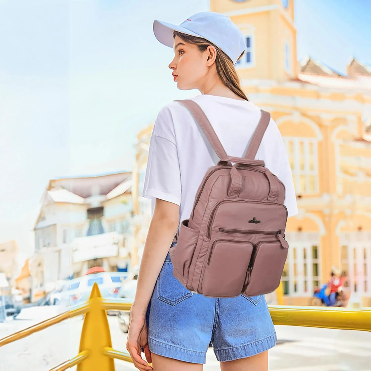 Angel Kiss Backpack Purse for Women Soft Washed Leather Multi Pocket Casual Travel Backpacks