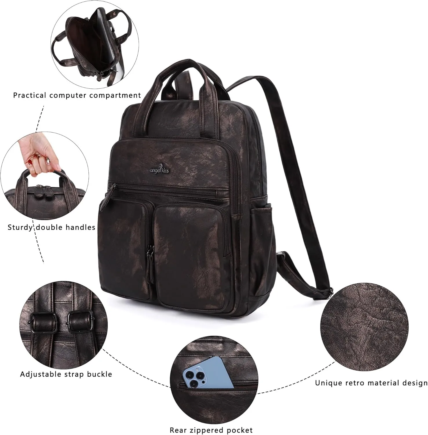 Angel Kiss Backpack Purse for Women Soft Washed Leather Multi Pocket Casual Travel Backpacks