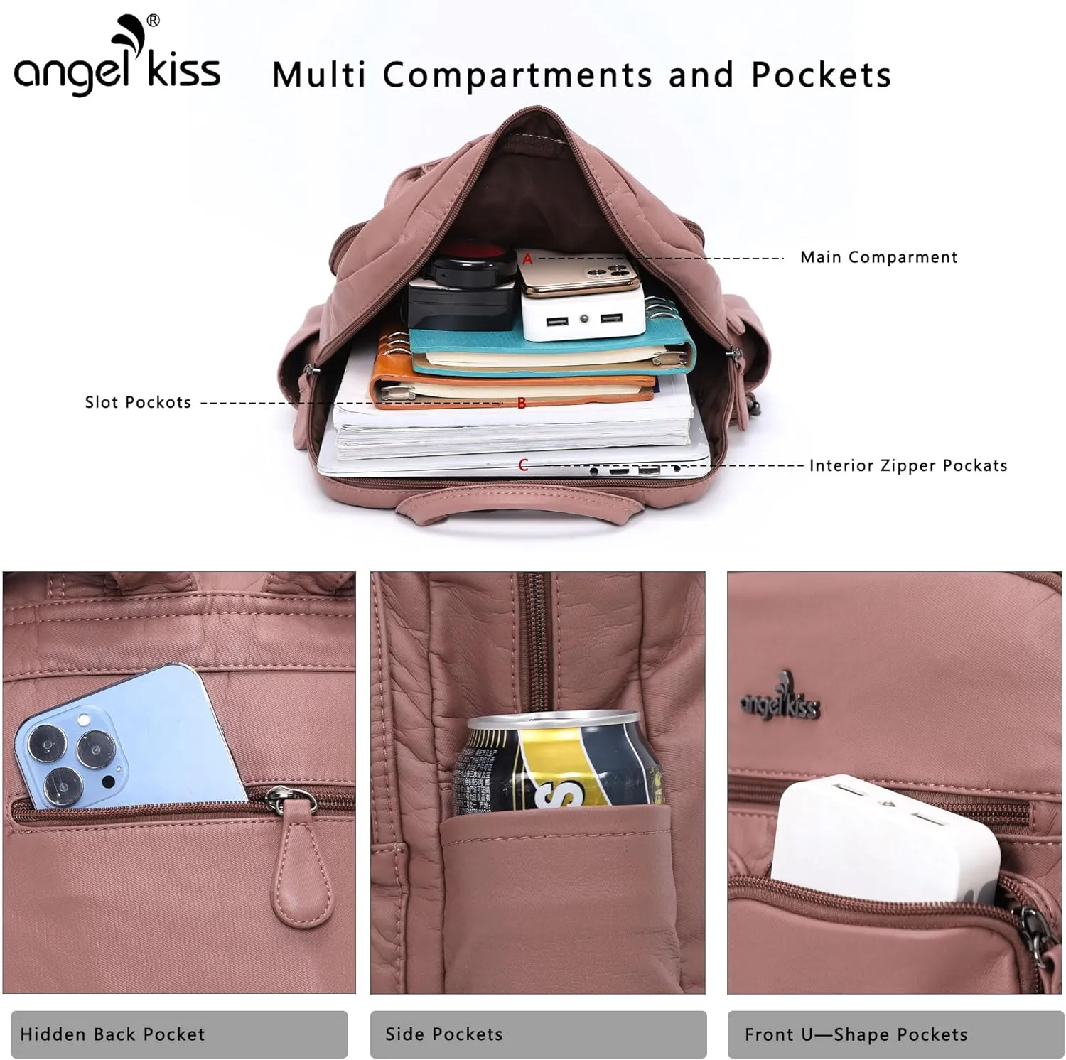 Angel Kiss Backpack Purse for Women Soft Washed Leather Multi Pocket Casual Travel Backpacks