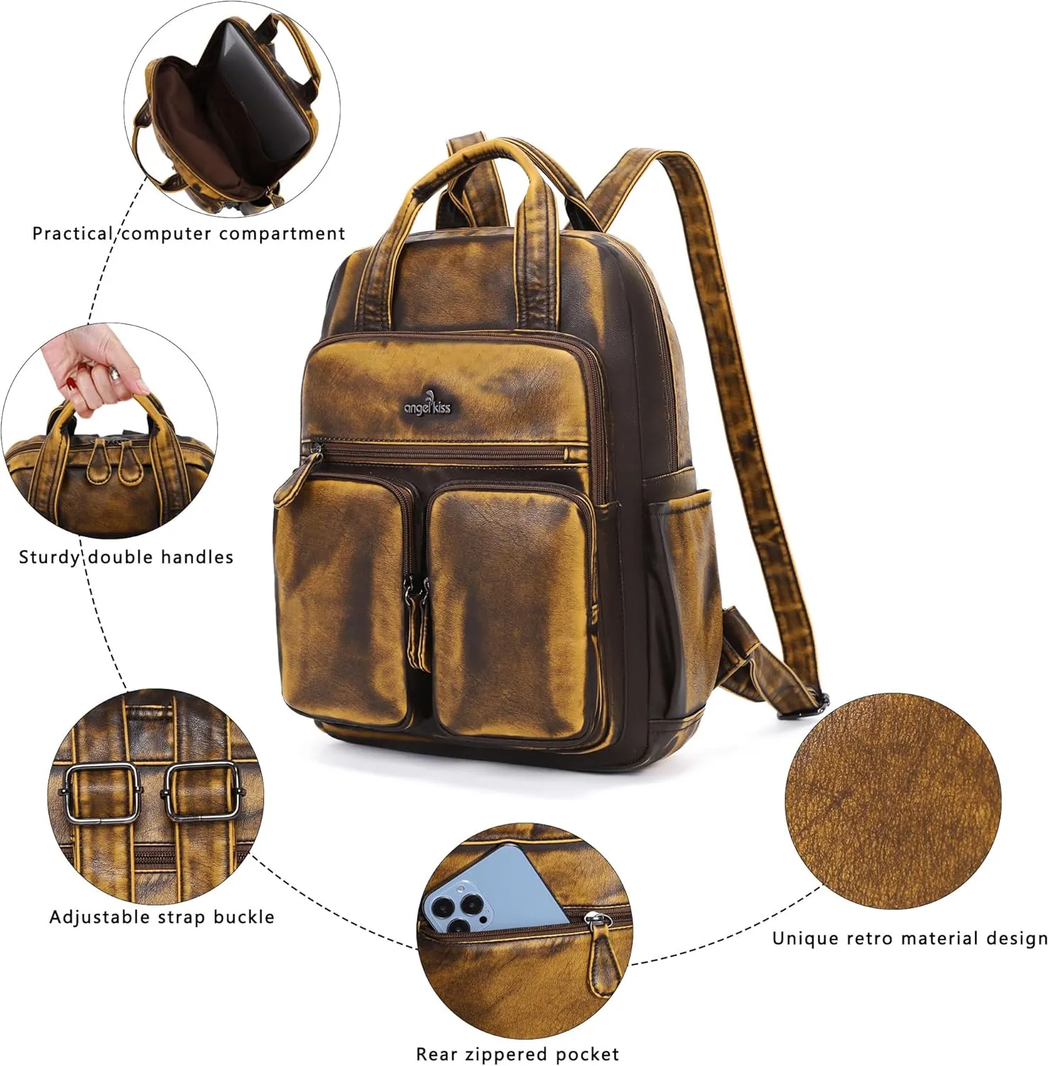 Angel Kiss Backpack Purse for Women Soft Washed Leather Multi Pocket Casual Travel Backpacks