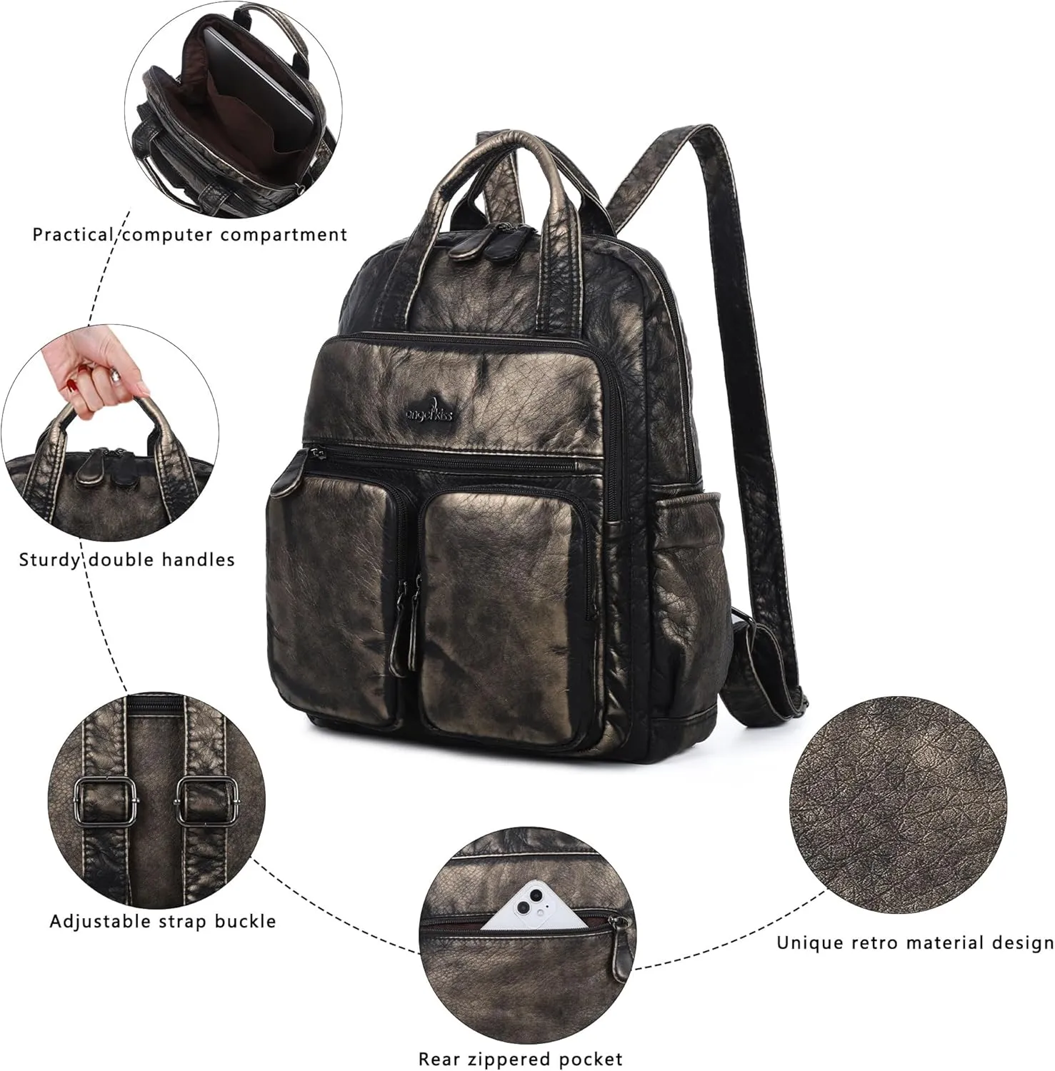 Angel Kiss Backpack Purse for Women Soft Washed Leather Multi Pocket Casual Travel Backpacks