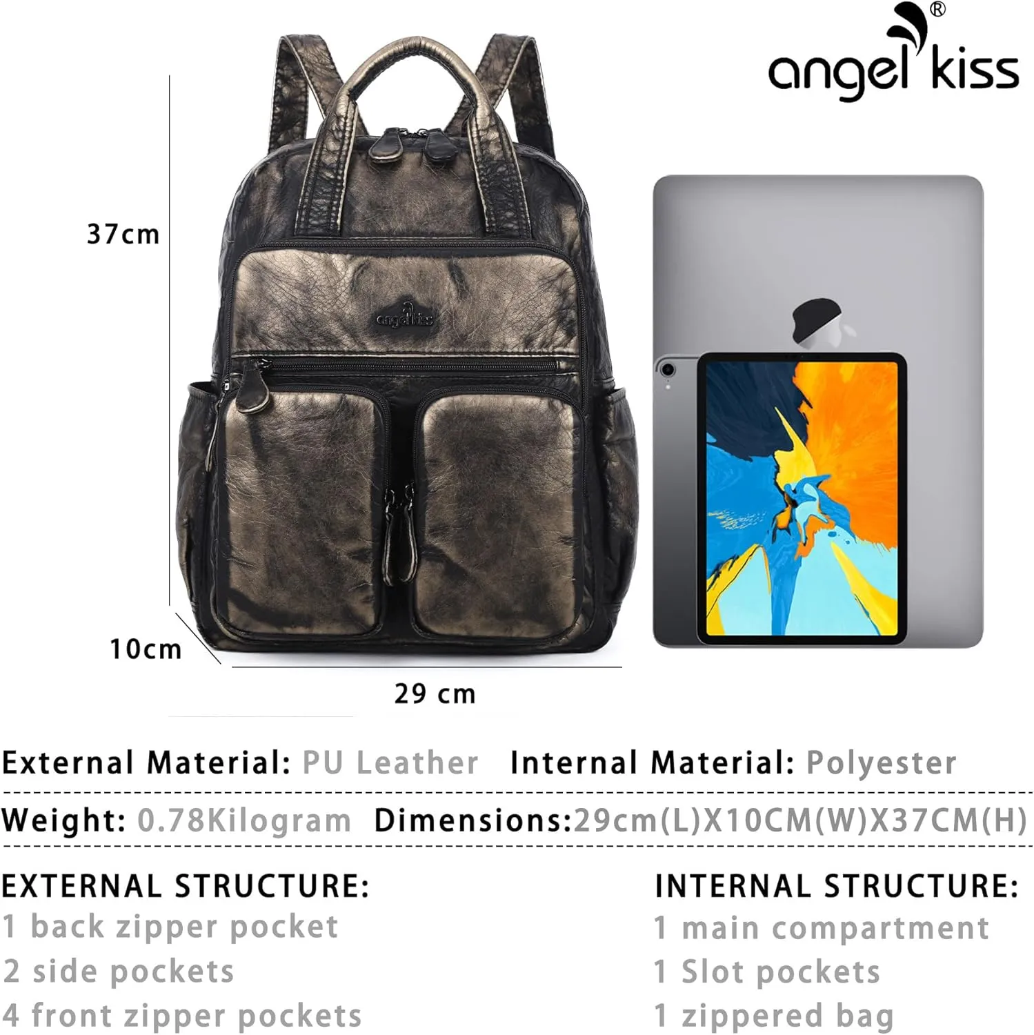 Angel Kiss Backpack Purse for Women Soft Washed Leather Multi Pocket Casual Travel Backpacks