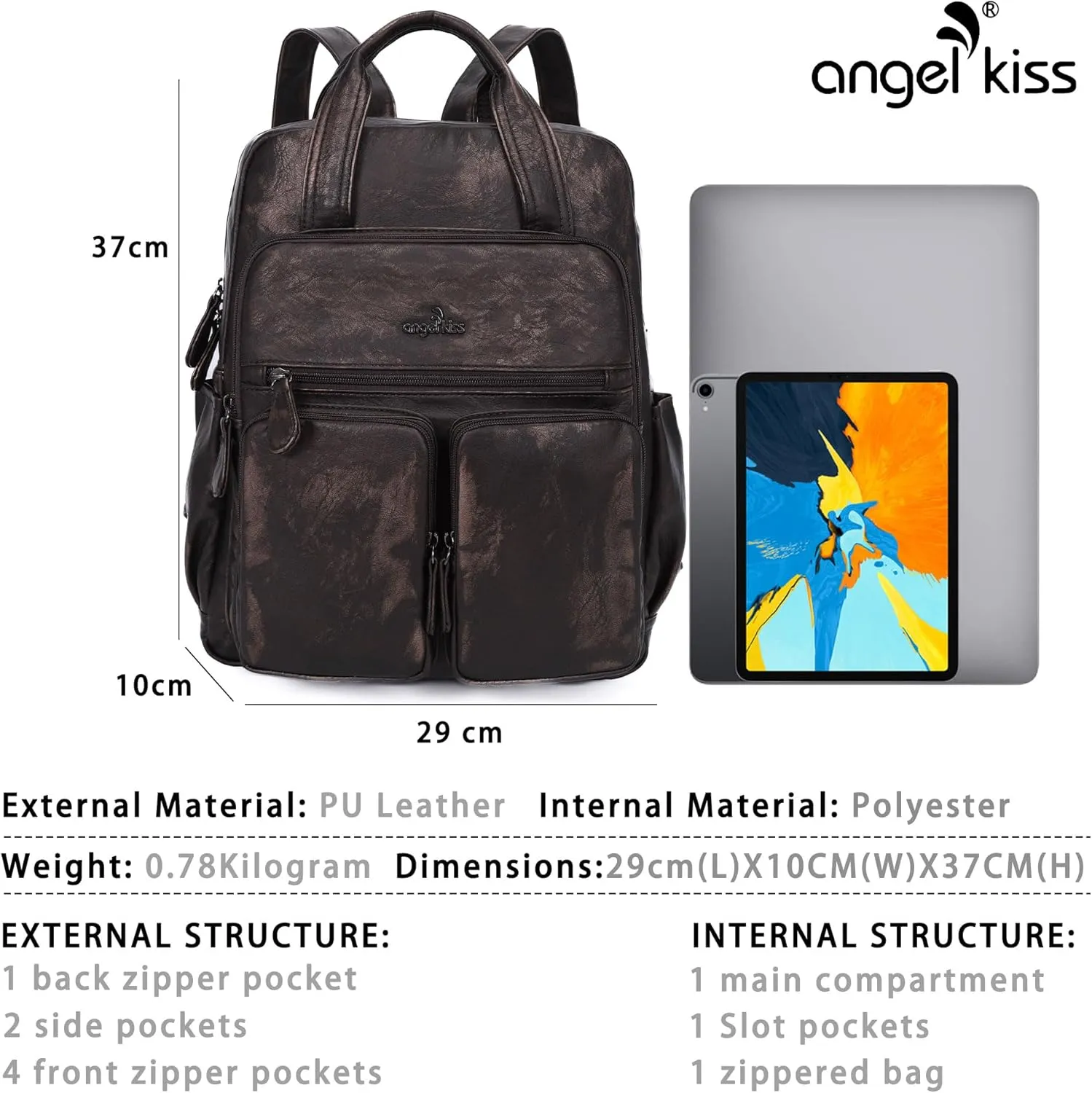 Angel Kiss Backpack Purse for Women Soft Washed Leather Multi Pocket Casual Travel Backpacks