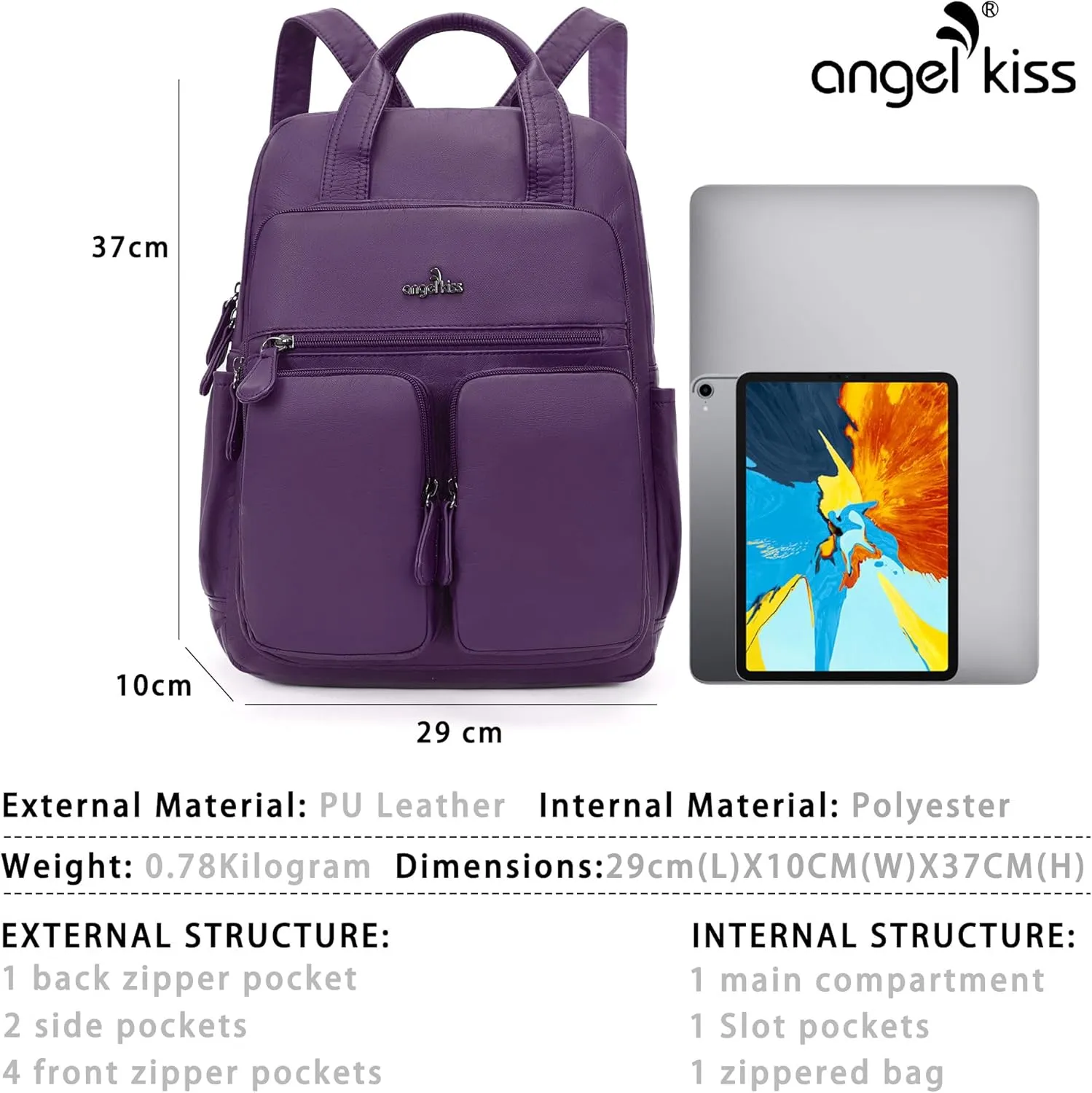 Angel Kiss Backpack Purse for Women Soft Washed Leather Multi Pocket Casual Travel Backpacks