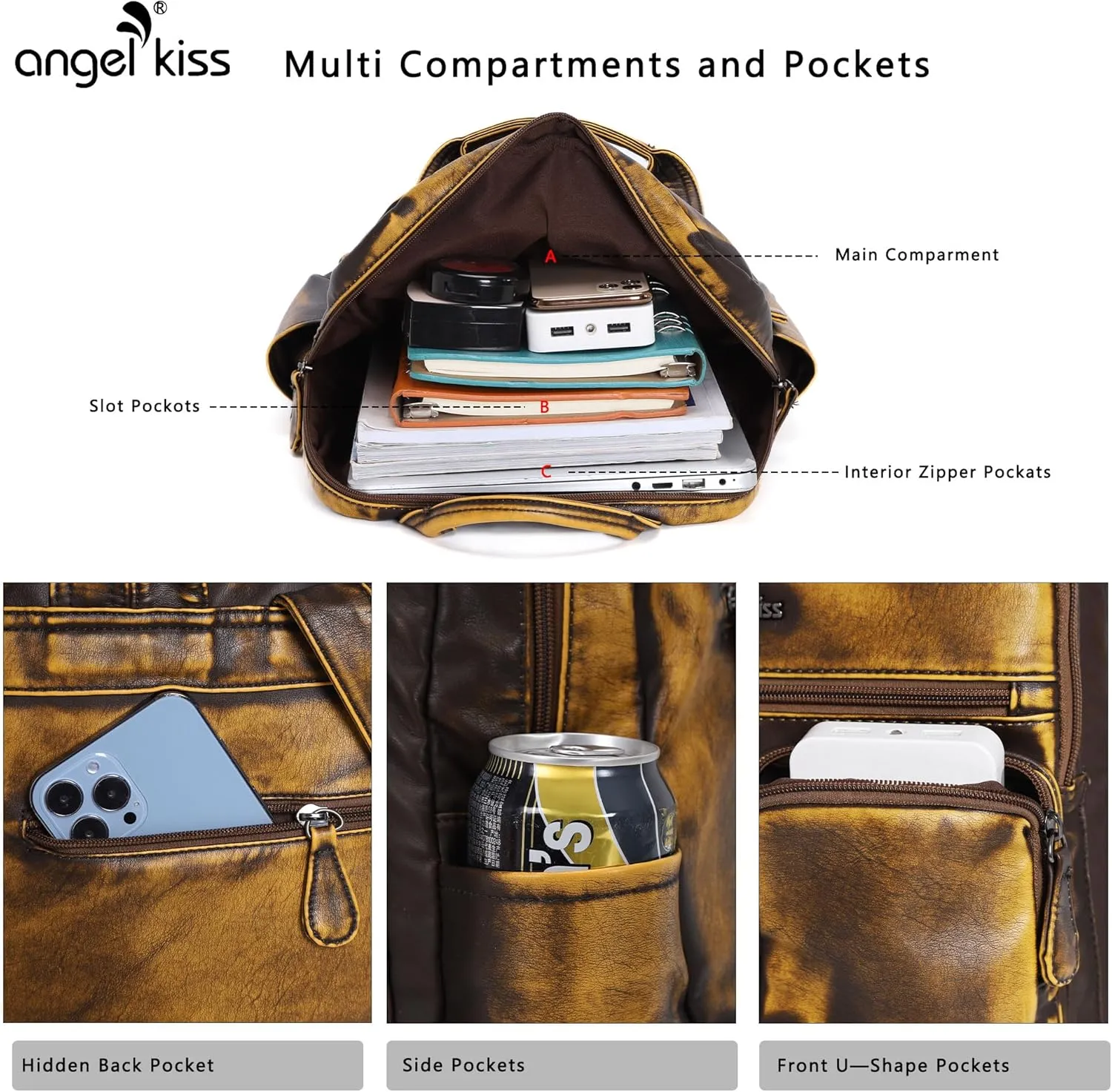 Angel Kiss Backpack Purse for Women Soft Washed Leather Multi Pocket Casual Travel Backpacks