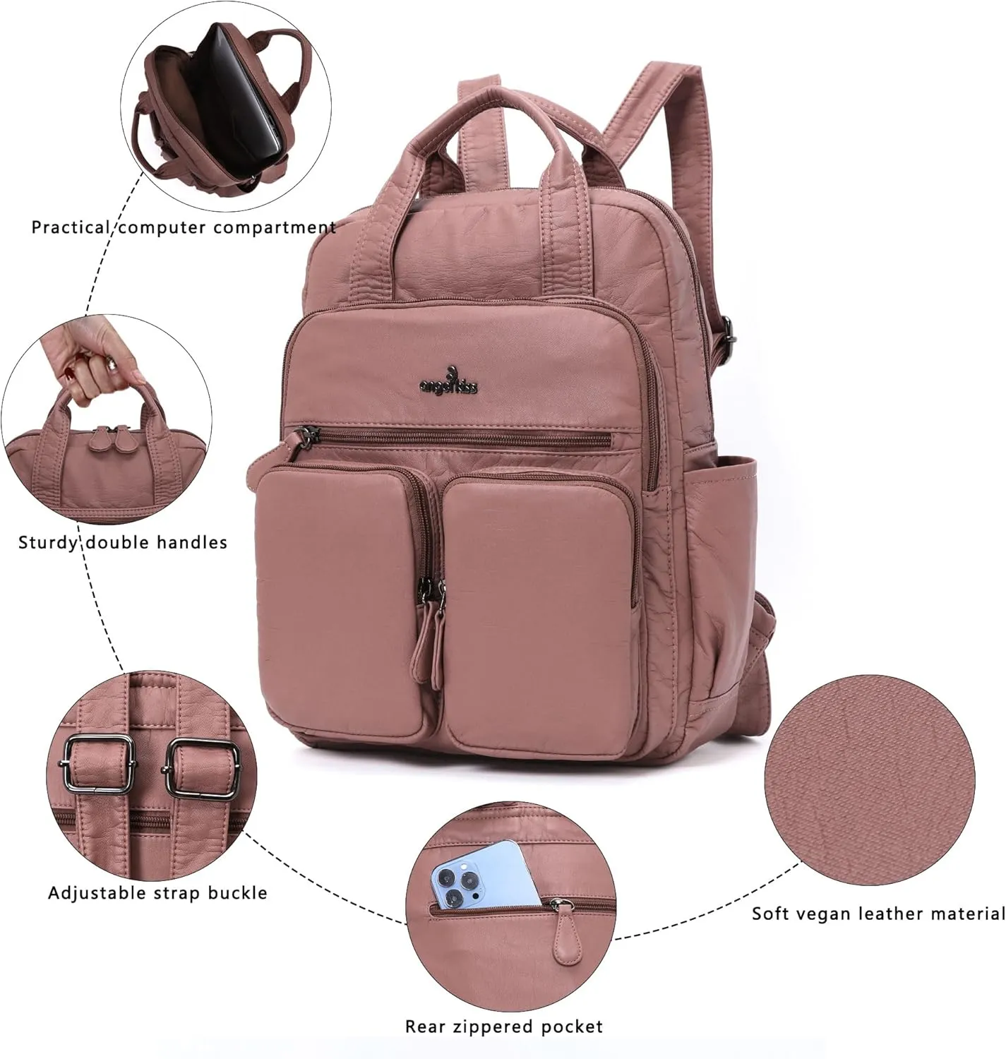 Angel Kiss Backpack Purse for Women Soft Washed Leather Multi Pocket Casual Travel Backpacks