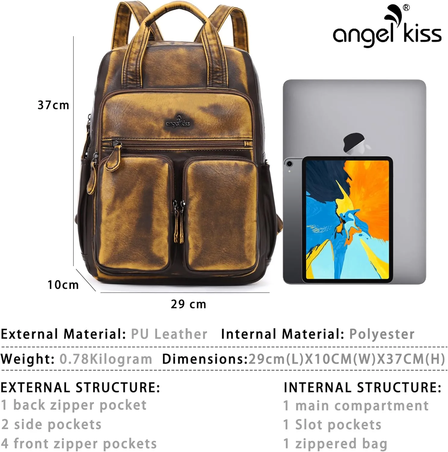Angel Kiss Backpack Purse for Women Soft Washed Leather Multi Pocket Casual Travel Backpacks