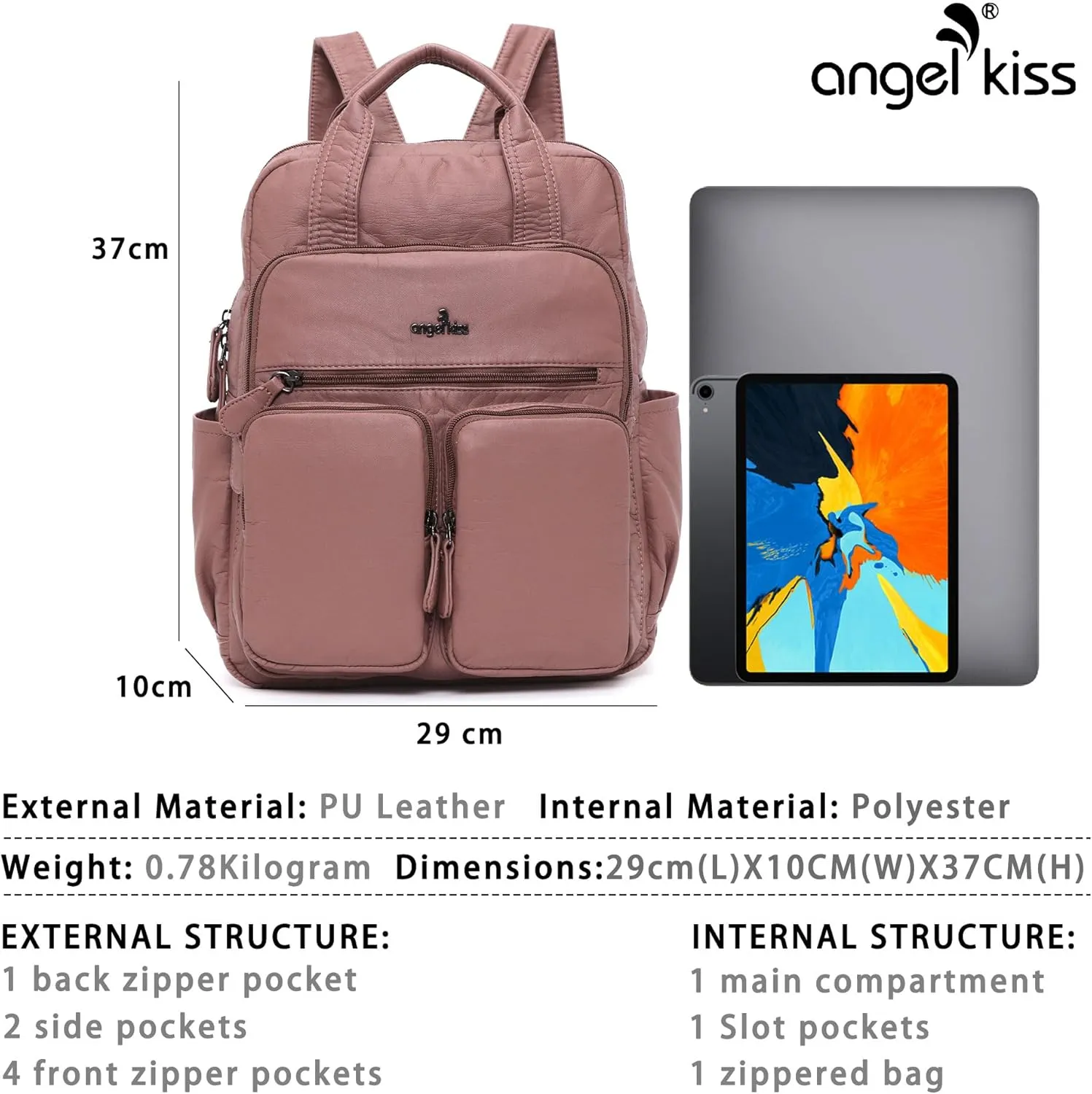 Angel Kiss Backpack Purse for Women Soft Washed Leather Multi Pocket Casual Travel Backpacks