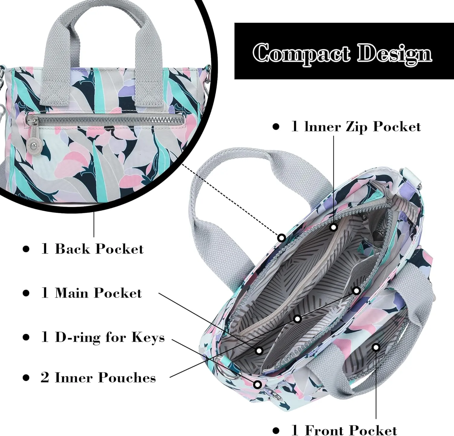 AOCINA Mini Tote Bag with Multi Pockets Small Crossbody Bags for Women Nylon Printed Shoulder Bag
