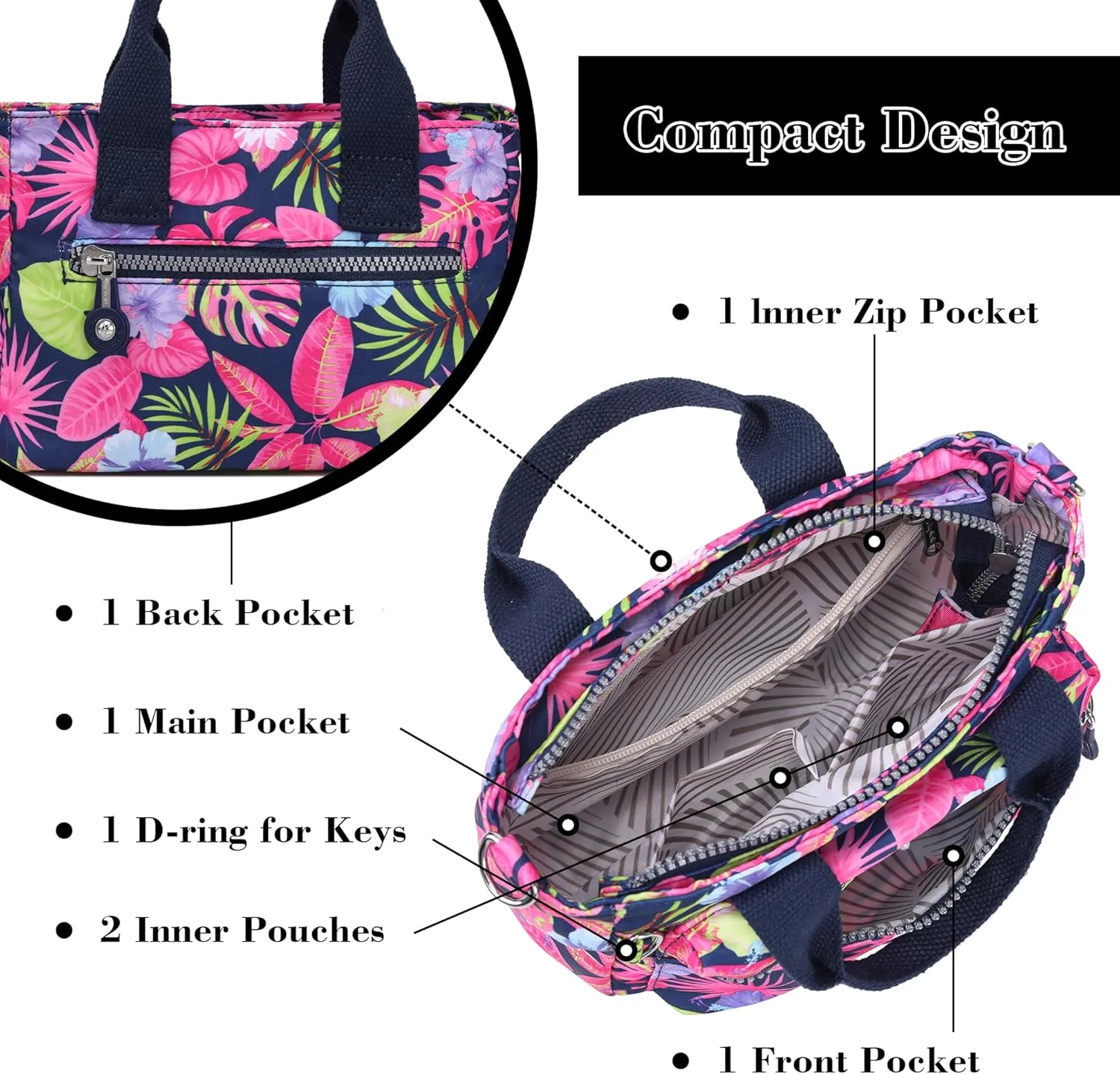 AOCINA Mini Tote Bag with Multi Pockets Small Crossbody Bags for Women Nylon Printed Shoulder Bag