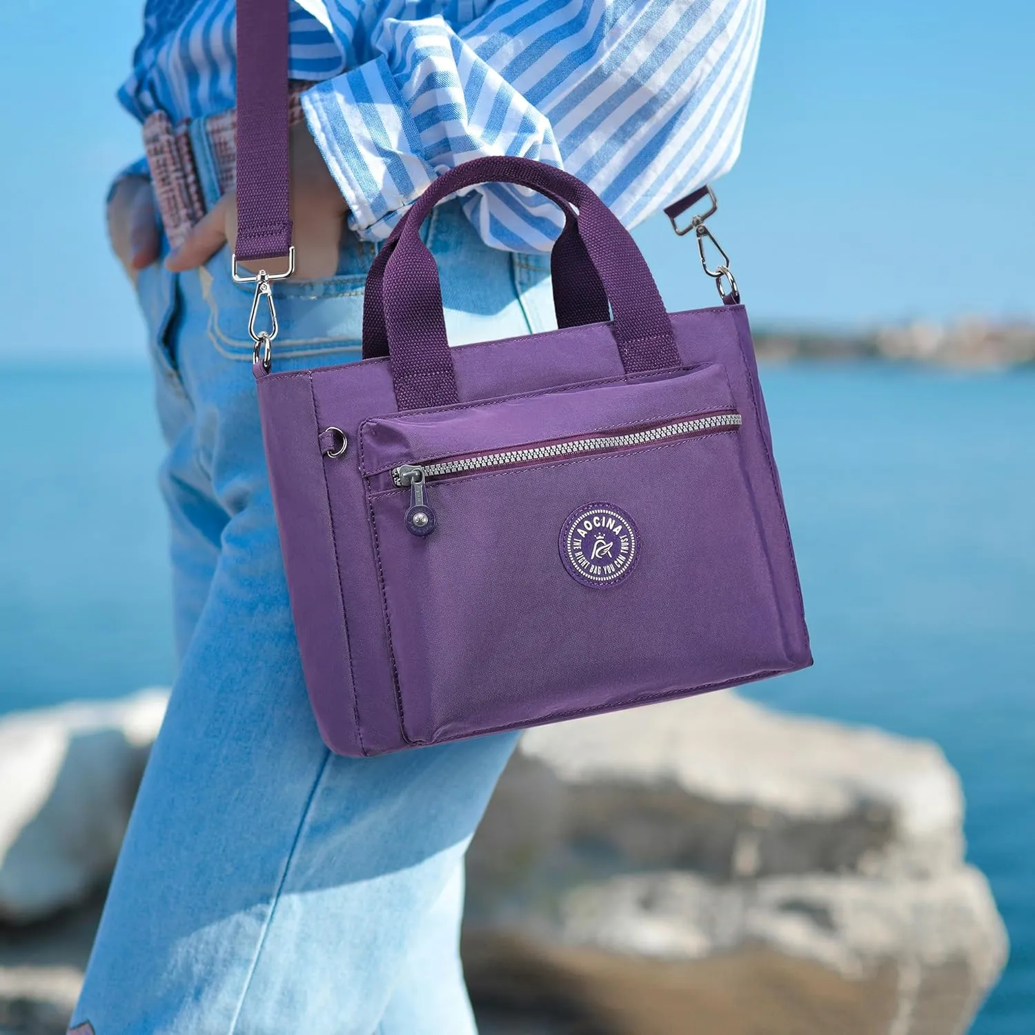 AOCINA Mini Tote Bag with Multi Pockets Small Crossbody Bags for Women Nylon Printed Shoulder Bag