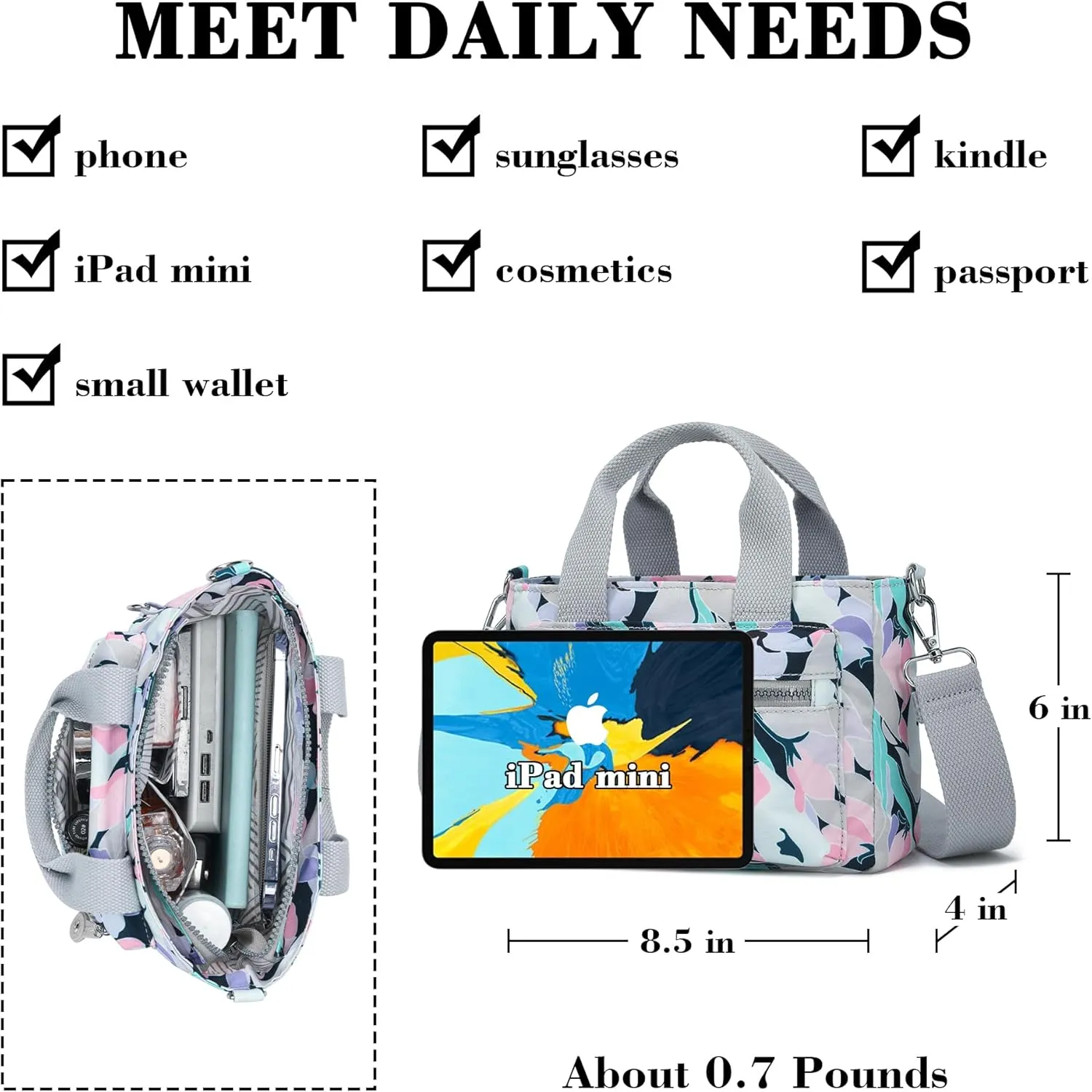 AOCINA Mini Tote Bag with Multi Pockets Small Crossbody Bags for Women Nylon Printed Shoulder Bag