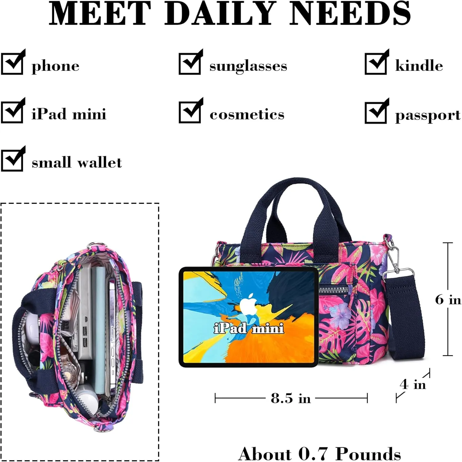 AOCINA Mini Tote Bag with Multi Pockets Small Crossbody Bags for Women Nylon Printed Shoulder Bag